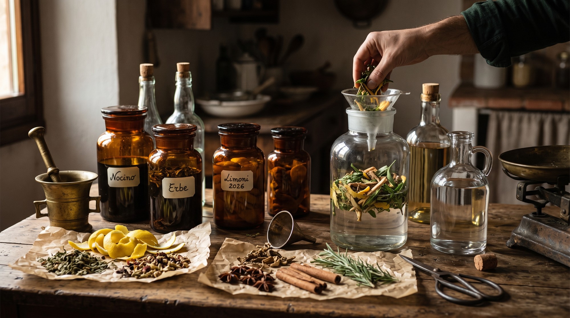 Tavolo di cantina con barattoli di liquore artigianale etichettati (nocino, erbe, limoni), scorze di limone, anice stellato, cannella, rosmarino e imbuto — preparazione liquori fatti in casa